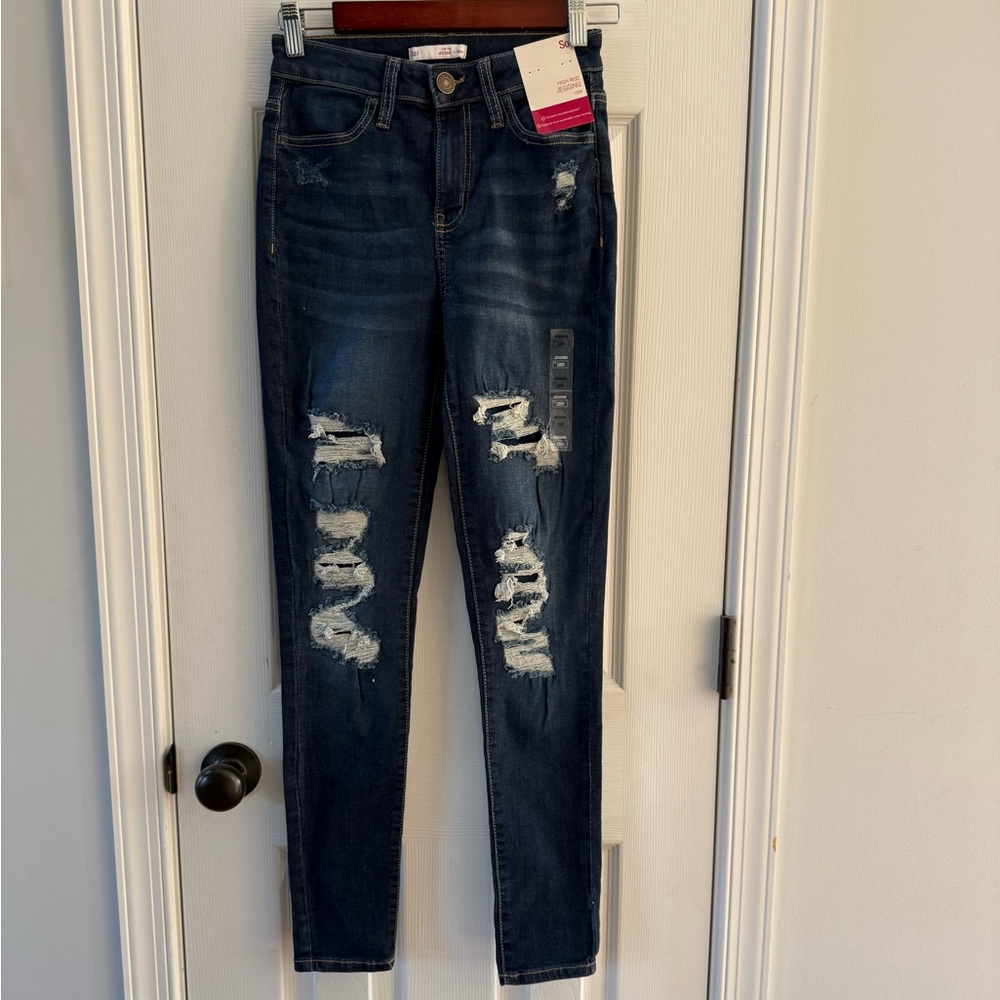 SO Women's Dark Blue Distressed Skinny Jeans